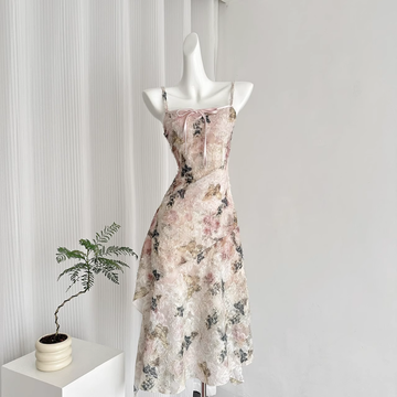 A line Spaghetti Straps Pink Floral Dress Long Holiday Dresses SD317